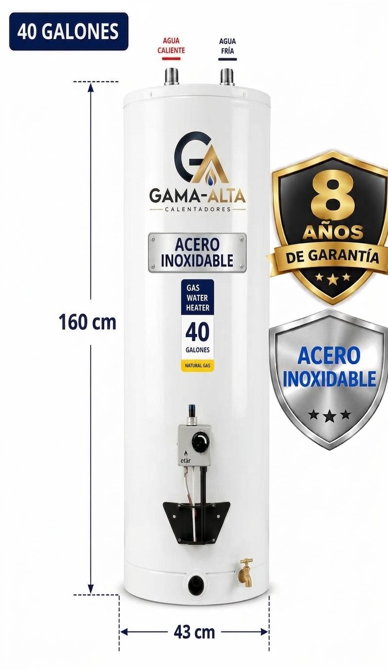 Calentador De Agua de 40 Galones a Gas Propano o Gas Natural En Acero inoxidable