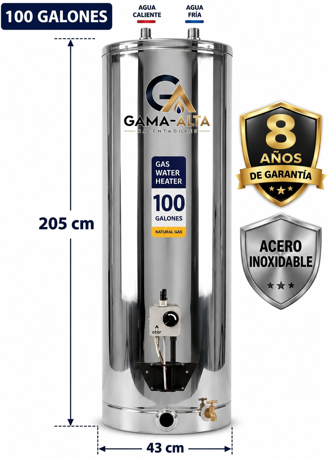 Calentador Industrial Gama Alta 100 Galones Acero Inoxidable Alta Recuperación a Gas Propano y Gas Natural