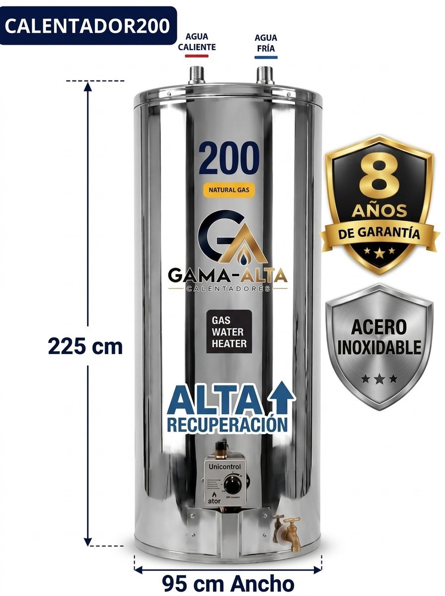 Calentador Industrial Gama Alta 200 Galones Acero Inoxidable Alta Recuperación a Gas