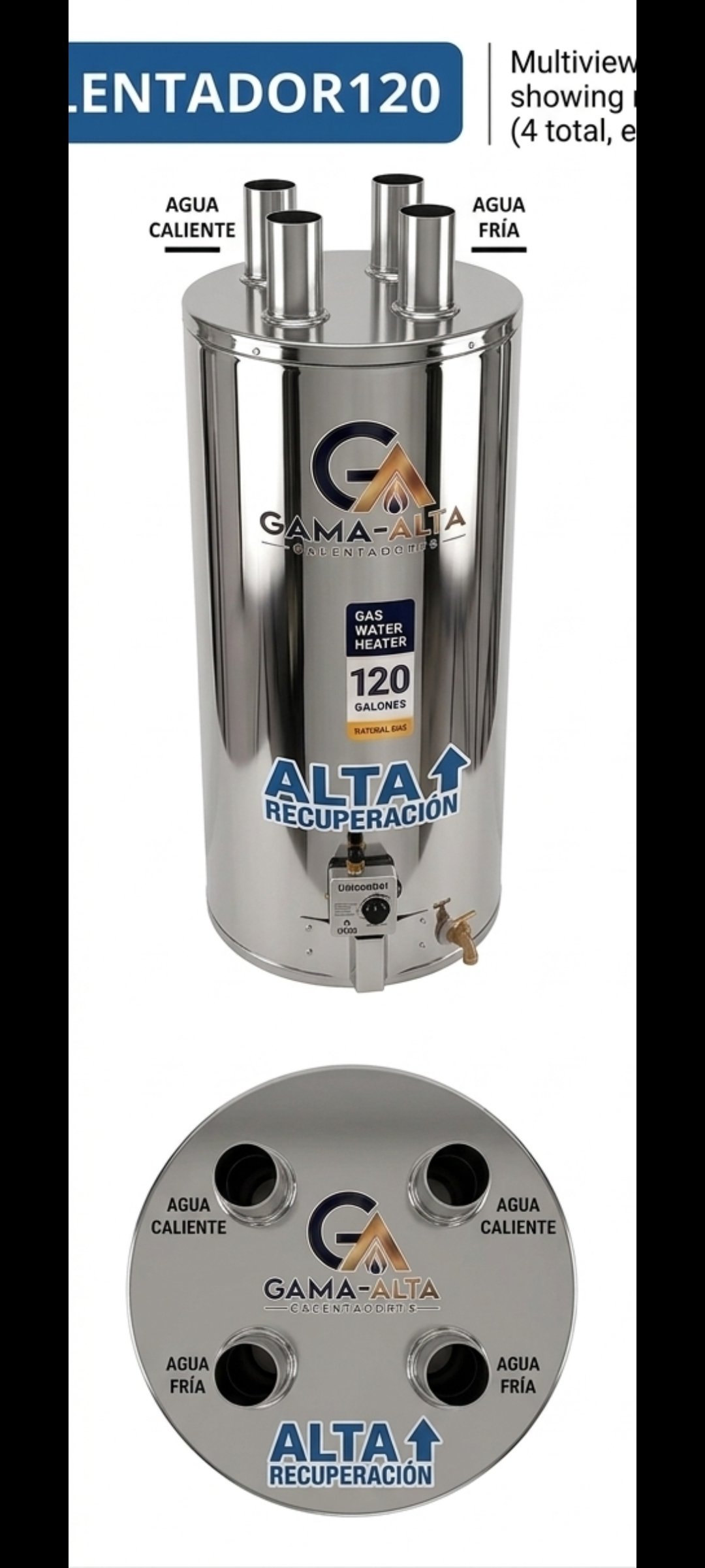 Calentador Industrial a Gas 120 Galones De Alta Recuperación En Acero Inoxidable a Gas Natural o Propano - Imagen 2